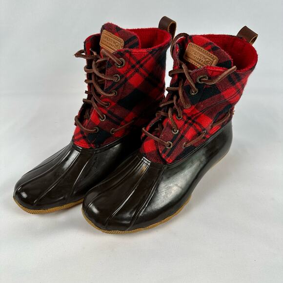 Sperry Top Sider Red and Black Buffalo Plaid Rubber Duck Boots Womens Size 7 - Picture 3 of 13